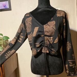 Black and Bronze Drawstring Ruched V-Neck Women's Top by Soft Sport Size L